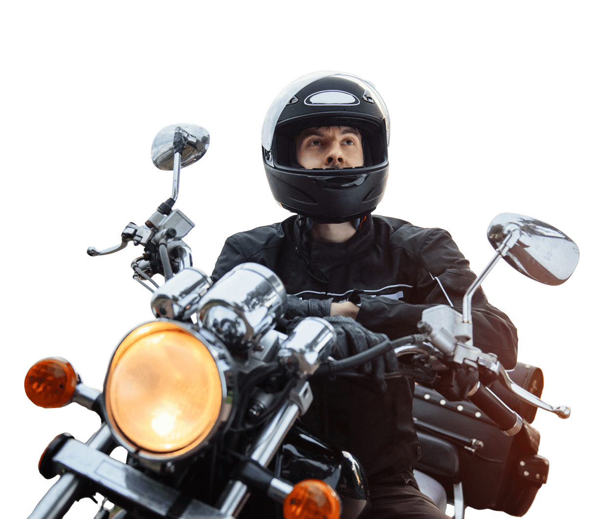 Motorcyclist in helmet on black background.