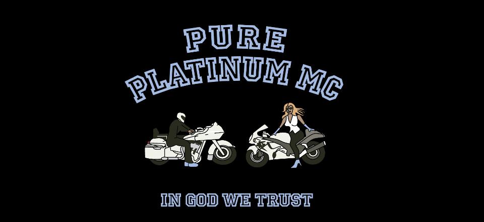 Logo with two motorcyclists and the text 'Pure Platinum MC'.