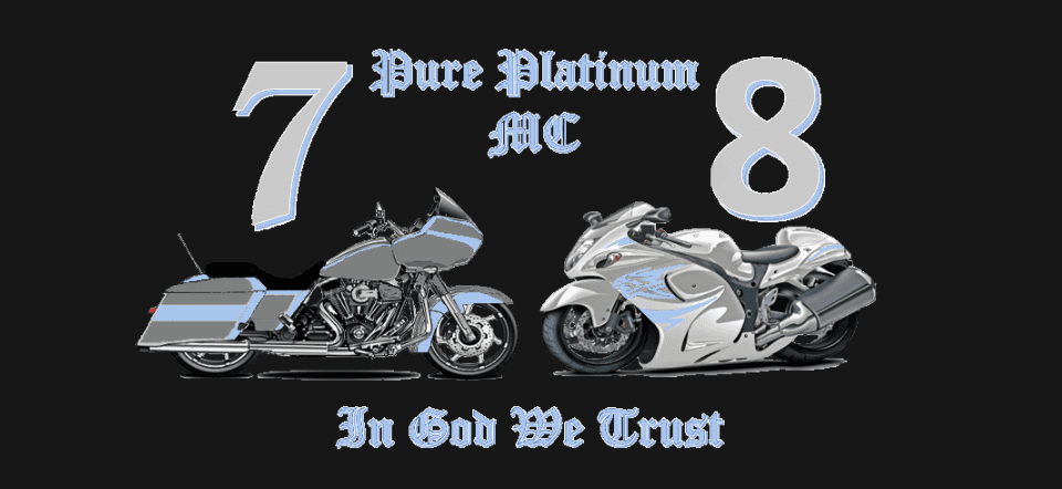 Two sleek motorcycles with 'Pure Platinum MC' text and 'In God We Trust' motto.