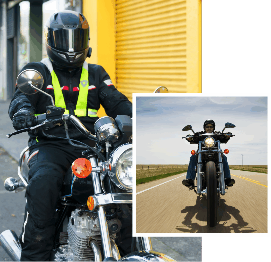 Motorcyclist riding on urban and rural roads.