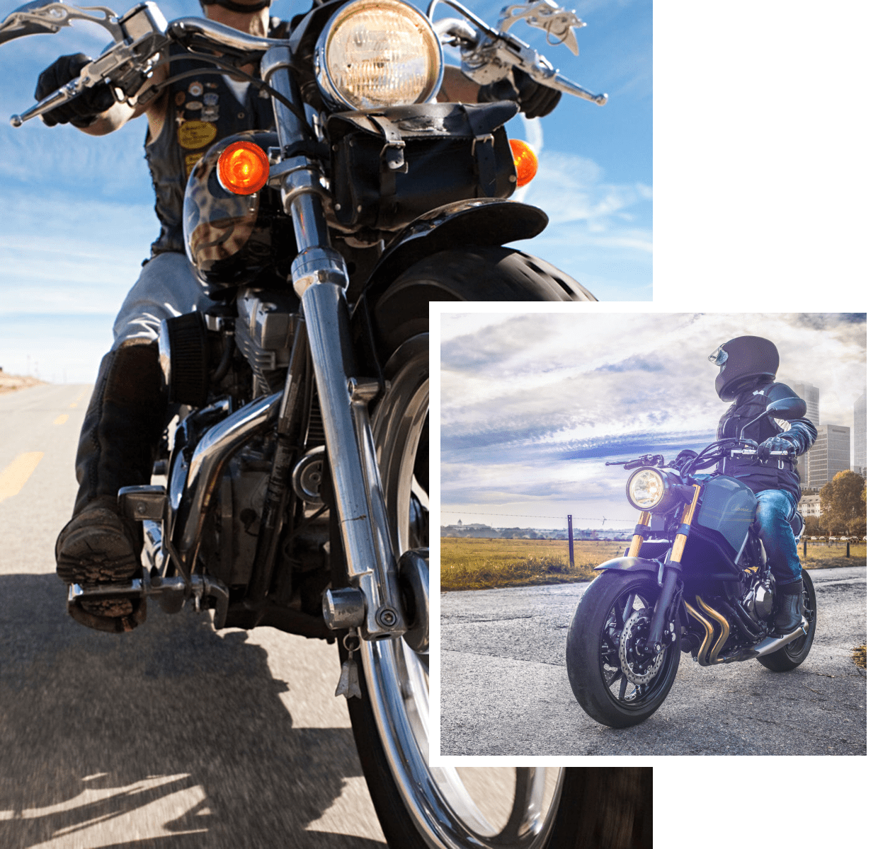 Two motorcyclists riding on open roads.