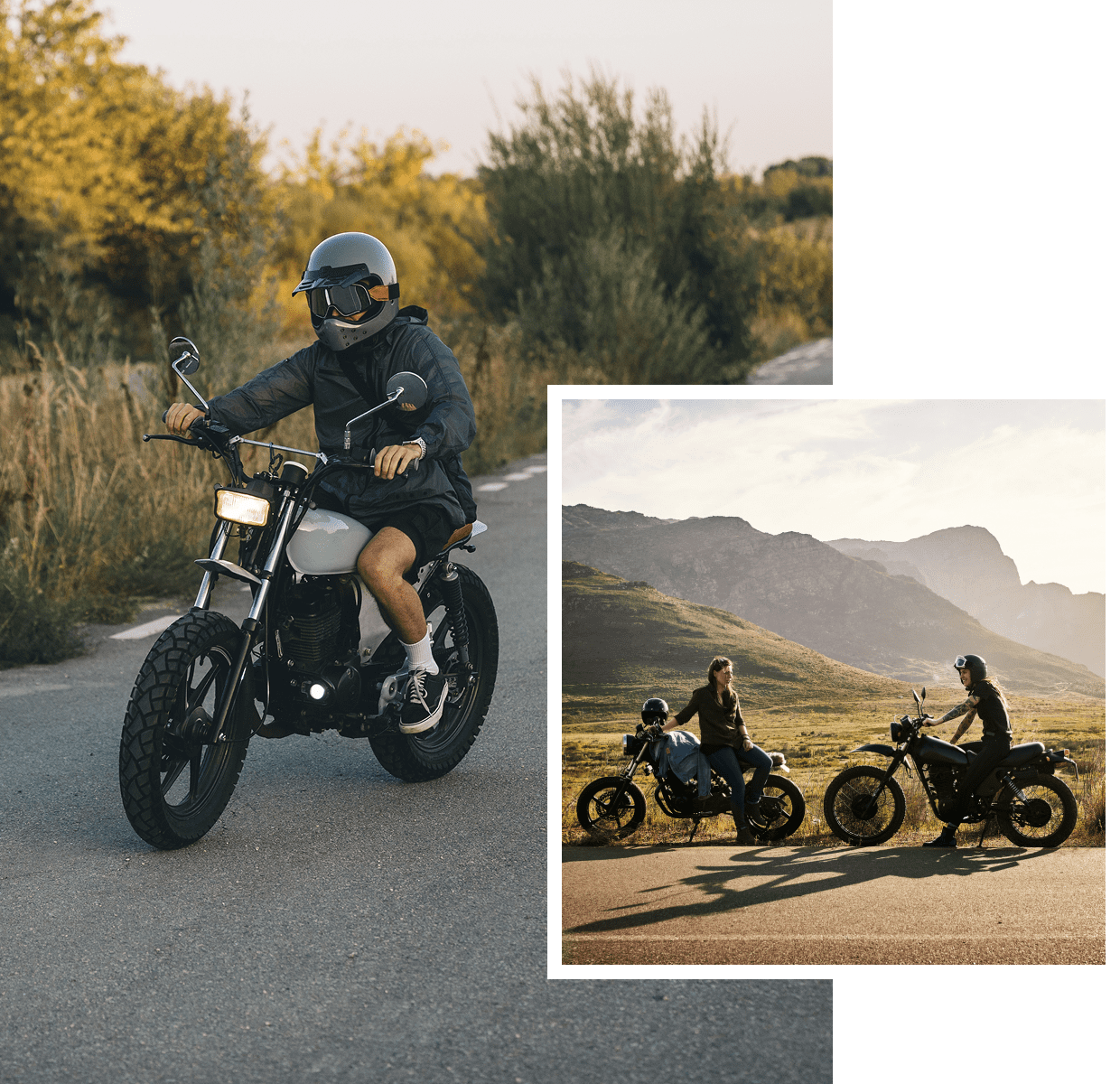Motorcyclists riding on scenic, open roads.