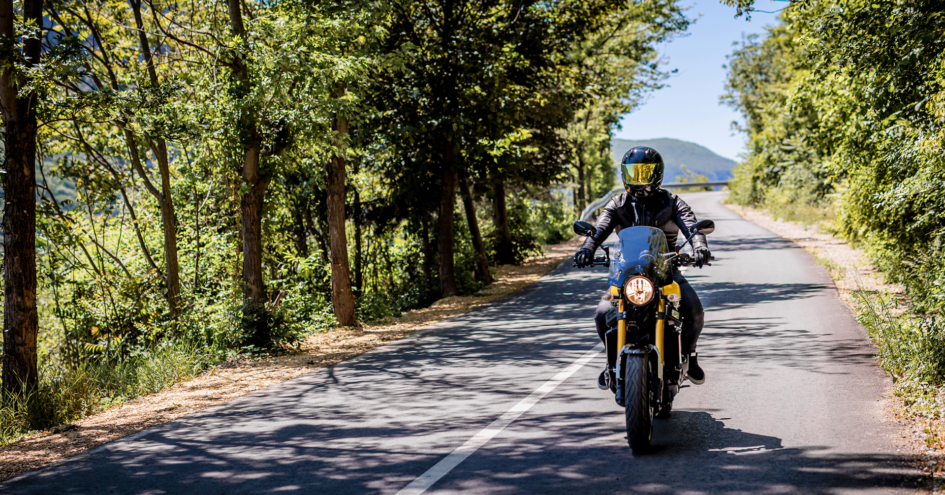 Motorcyclist riding on a scenic road.