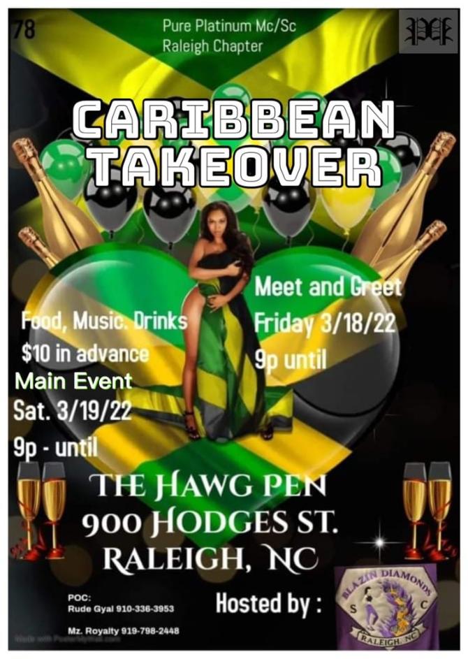 Flyer for Caribbean Takeover event with live music and drinks.
