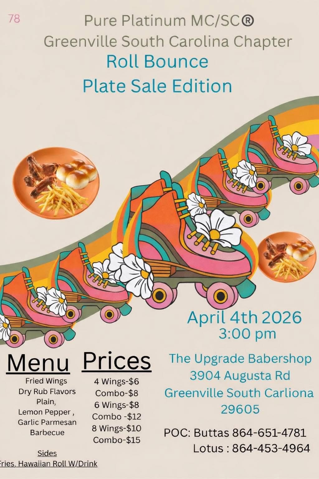 Colorful roller skates with a snack menu for a 2026 event.
